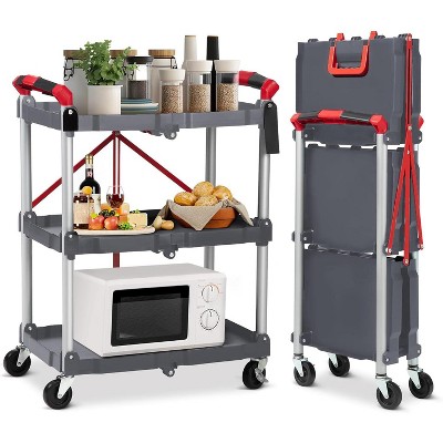 3 Tier Portable Collapsible Service Cart, Foldable Rolling Utility Cart with 360¡ã Swivel Wheels, 2 Brakes, for Home Office Garage, Grey