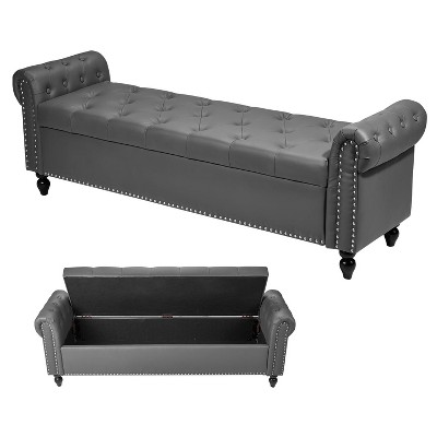 VEVOR Button-Tufted Storage Ottoman Bench, Rolled Arm PU Leather Bench with Solid Wood Legs, Upholstered End of Bed Benches, Gray