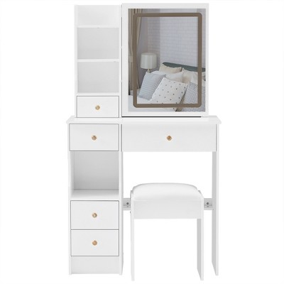 Makeup Vanity Desk With Sliding Mirror And Lights, Dimmable 3 Color Modes, Makeup Table With Multiple Drawers And Open Shelves, Cushioned Stool