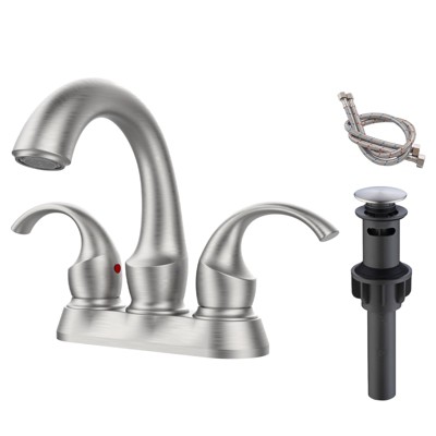 DOMETOUR 2-Handle Brushed Nickel Swan Bathroom Faucet, 4-Inch Centerset Vanity Sink with Pop-Up Drain, Aerator & Supply Hoses, FR4075-NP