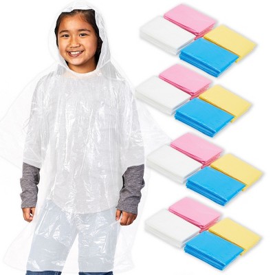 Blue Panda 20-Pack Disposable Rain Ponchos for Kids - Emergency Raincoats with Hood for Boys and Girls (4 Colors, Clear)