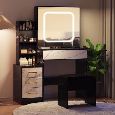 Whizmax Vanity Desk with Mirror and LED Lights, Makeup Vanity Desk with Sliding Lighted Mirror, Dressing Table with 4 Drawers for Bedroom