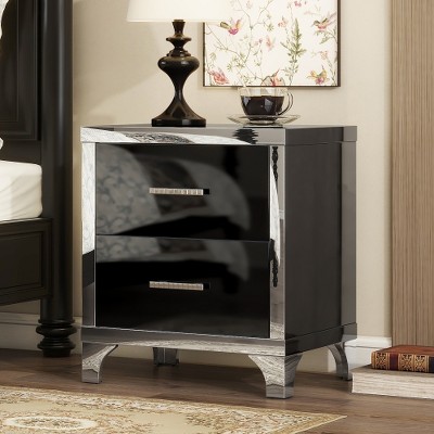LIVAREEmlen Elegant High Gloss Nightstand with Metal Handle,Mirrored Bedside Table with 2 Drawers for Bedroom,Living Room