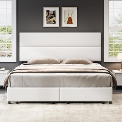 AMERLIFE Linen Upholstered Bed Frame,Bed with 2 Drawers Height Adjustable Headboard