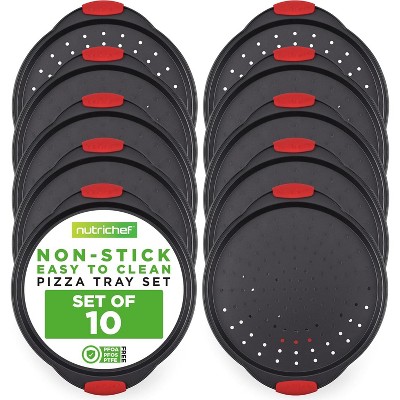 NutriChef 14.8" 10-Piece Non-Stick Perforated Pizza Tray with Silicone Handle Carbon Steel NCBPIZ1X10