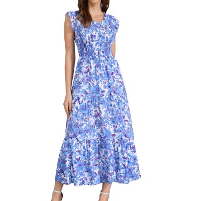 INSPIRE CHIC Women's Summer V Neck Ruffle Flutter Sleeve Smocked Tiered Beach Flowy Boho Maxi Dress