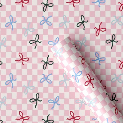 30" 25 sq ft Christmas Roll Wrap Colorful Bows on Pink Check - Wondershop™