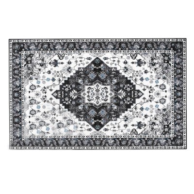Itopfox Vintage Floral Area Rug for Living Room, Machine Washable Low Pile Carpet, Non-Slip Home Decor for Bedroom, Office, Kitchen in Black