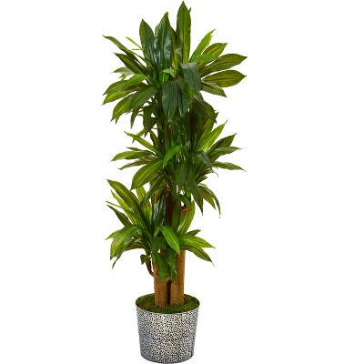 Nearly Natural 58-in Corn Stalk Dracaena Artificial Plant in Black Embossed Tin Planter (Real Touch)