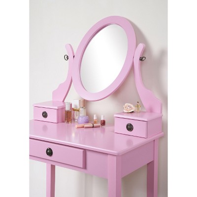 Okak Vanity Table and Chair Set, Wooden Makeup Vanity Table and Stool Set for Bedroom Living Room, with Elegant Mirror Oval Shape, Pink