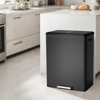 Stainless 60L (16 Gallon) Trash Can, Dual Compartment Recycling Kitchen Trashcan, Odor Control