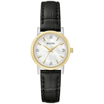 Bulova Ladies' Classic Diamond Two-Tone Stainless Steel Case 3-Hand Quartz Watch, Black Leather Strap, 27mm