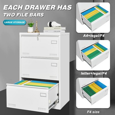 Filing Cabinet Lateral File Cabinet 3 Drawer, White Filing Cabinets with Lock, Three Drawer Office Cabinet for Legal/Letter/A4/F4 Home Offic
