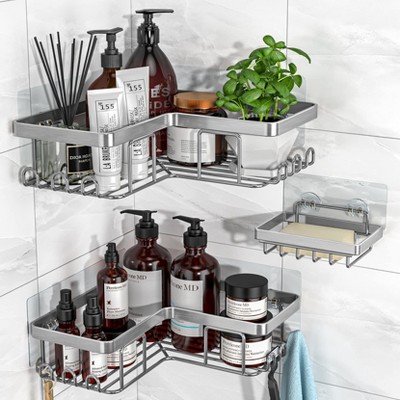 Aoibox Corner Shower Caddy, 3-Pack Adhesive Bathroom Organizer with Soap Holder & 12 Hooks, Rustproof Stainless Steel Wall Mounted Shower Rack