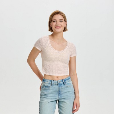 Women's Short Sleeve Jacquard Knit Boho Lace Top - Wild Fable™