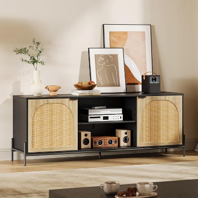 Jojoka 65-75 Inch TV Stand with Rattan Doors and Adjustable Shelves Teak Wood Floor-Mount Entertainment Console, Black