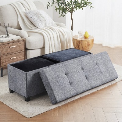 Ornavo Home Foldable Tufted 43 Inch Long Linen Bench Storage Ottoman with Legs for Bedroom, Entryway and Living Room