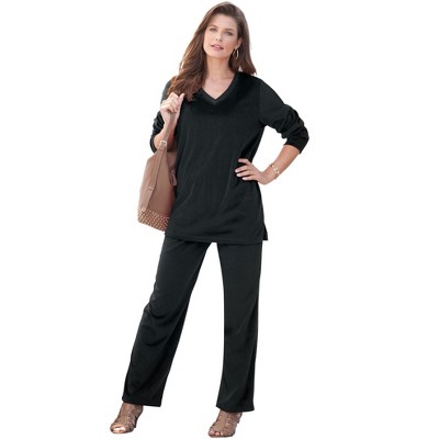 Roaman's Petite Plus Size Two-Piece V-Neck Velour Set