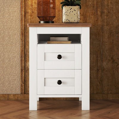 PAGED Night Stand Rustic Bedside Table Wooden Nightstand with 2 Storage Drawers and Open Shelf for Bedroom