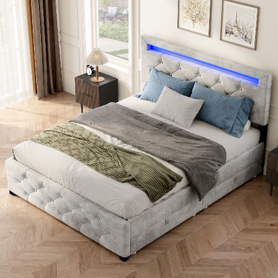 Lyngins Full Size Bed Frame with Headboard, Velvet Upholstered Platform Storage Bed Frame with 4 Drawers and LED Light, No Box Spring Needed