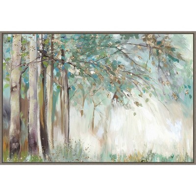 33" x 23" Silver Tree Leaves by Allison Pearce Framed Canvas Wall Art Print - Amanti Art: Modern Botanical Lithograph, Polystyrene Frame