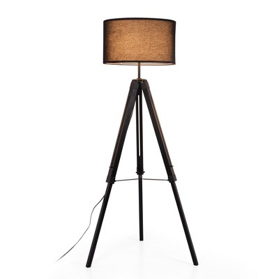 58'' Industrial Tripod Floor Lamp, Height Adjustable Natural Wood Standing Lamp with Linen Drum Shade for Living Room, Bedroom, Study Room