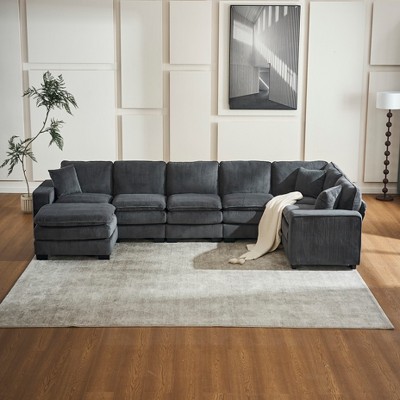 TiramisuBest Modern U-Shaped 6-Seat Sectional Sofa with Ottoman & 3 Toss Pillows, Modular Corduroy Sofa for Living Room, Orange