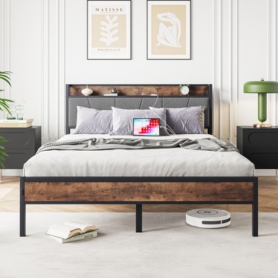 CLIHOME Heavy Duty Metal Upholstered Platform Bed Frame, Storage Headboard with Charging Station, No Box Spring Needed