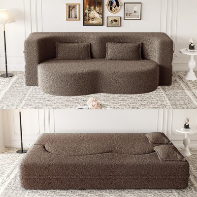 TiramisuBest Modern Floor Sofa with 2 Pillows, Convertible Fabric Sleeper Sofa Bed, Full-Size 15" Foam Folding Mattress, No Assembly, Pink