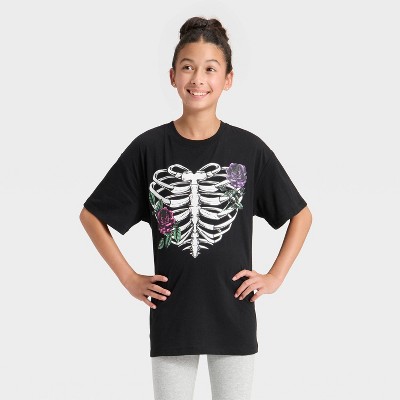 Girls' Floral Ribcage Oversized Short Sleeve Graphic T-Shirt - Black