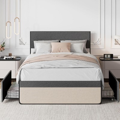 Full Bed Frame, Linen Upholstered Platform, Headboard and 2 Storage Drawers, Strong Metal Slats, Noise Free Mattress, No Box Spring Needed, Grey