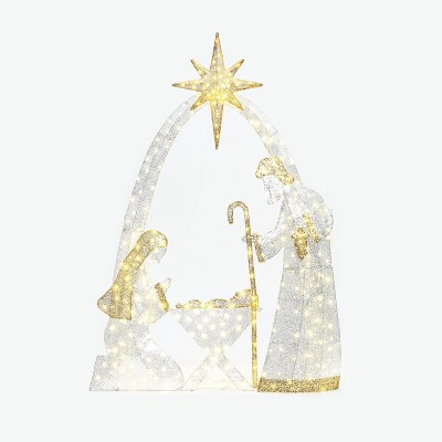LuxenHome 3.6Ft x 5Ft White Nativity Scene Outdoor Holiday Decoration with Lights White, Gold