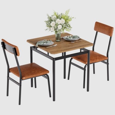3-Piece Brown Industrial Dining Table Set for 2 with PU Upholstered Chairs, Space-Saving Metal Frame Kitchen Dinette for Small Spaces