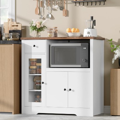 Kitchen Microwave Cabinet with Storage and Drawers, Modern Small Buffet Cabinet with Glass Doors and Adjustable Shelf, for Dining Room