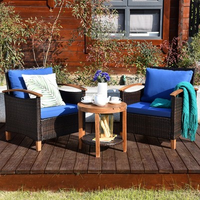 Costway 3PCS Patio Rattan Furniture Set Wooden Frame Cushion Table Shelf Red\Beige\Blue