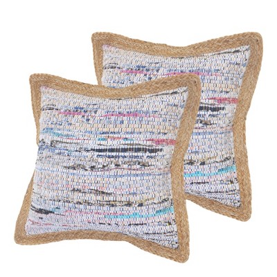 HomeRoots Set of Two 20" Aqua Ivory And Natural Striped Cotton And Jute Throw Pillows with Texture