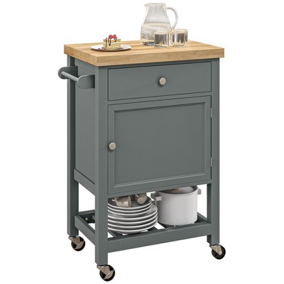 HOMCOM Utility Kitchen Cart, Rolling Kitchen Island with Smooth Rubberwood Top, Narrow Butcher Block Surface on Wheels with Storage Drawer & Cabinet