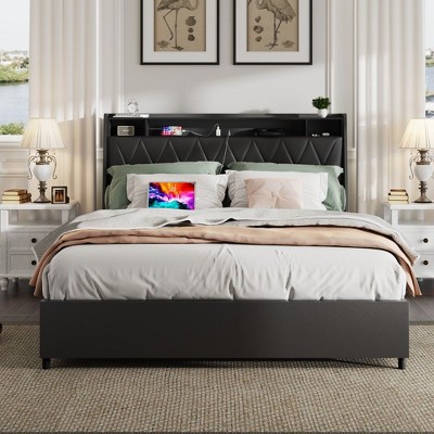 CAVINAS Full/Queen Size Platform Bed with Ergonomic Headboard,Faux Leather Bed Frame with Storage Shelf and Outlets,Box Spring Not Required