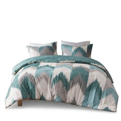 Gulches Series Aqua Green Modern Elegant Ikat Chevron Print 200TC Cotton with Polyester Filling Full Queen 3 Piece Comforter Mini Set Blanket