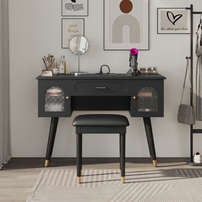 FONTOI Elegant Vanity Makeup Table with Chair, Dressing Table with Organizer, Writing Desk, Black, 29.5"*18"*39.8"