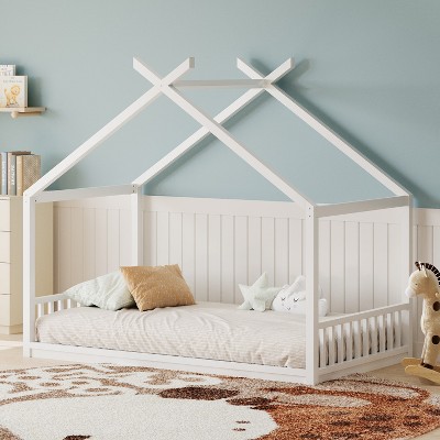Racxily Montessori Style House Bed for Kids,Floor Bed Frame with Headboard and Footboard,Wooden Fence Bed