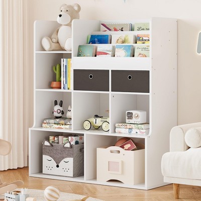Kids Bookshelf with Drawers Modern Bookcase with Cubbies Floor Storage Cabinet Wooden Toy Chest Playroom