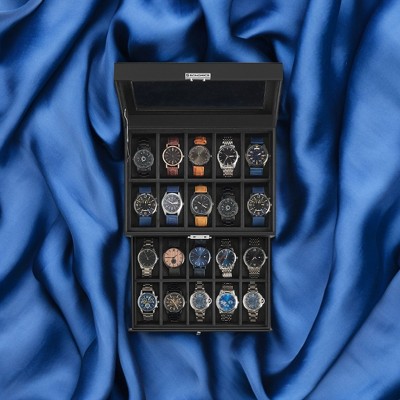 Synthetic Leather 20 - Slot Watch Box with Glass Lid. 2 - Layer, Lockable Watch Display Case