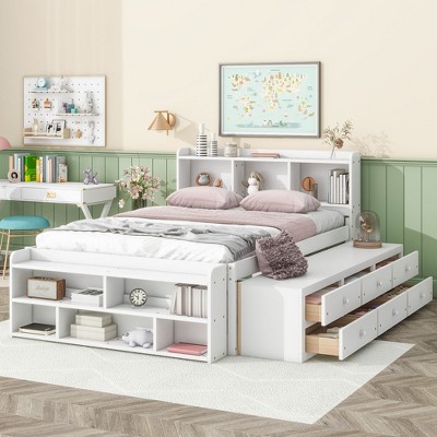 CAVINAS Full Size Bed Modern Pine Bed Frame with 6 Storage Drawers, Bookcases at the of Headboard and Footboard for Bedroom