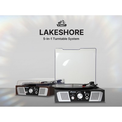 VICTOR Lakeshore 5-in-1 Turntable System with 3-Speed Record Player, Dual Bluetooth In & Out, USB Playback & Record, and Built-in Stereo Speakers,