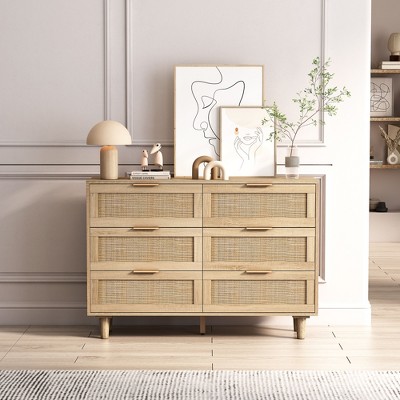 Okak Rattan Dresser with 6 Drawers, Retro Clothes Storage Cabinet with Metal Handle&Wood Legs for Bedroom Hallway Living Room