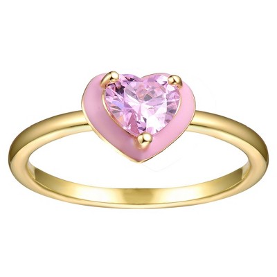 Young Adults/Teens 14k Yellow Gold Plated with Pink Morganite Cubic Zirconia Enamel Halo Heart Stacking Ring