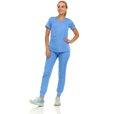 MediChic Scrubs for Women's V-Neck Scrub Set with Six Pocket Ribbed Cargo Jogger Pants with 4-Way Stretch