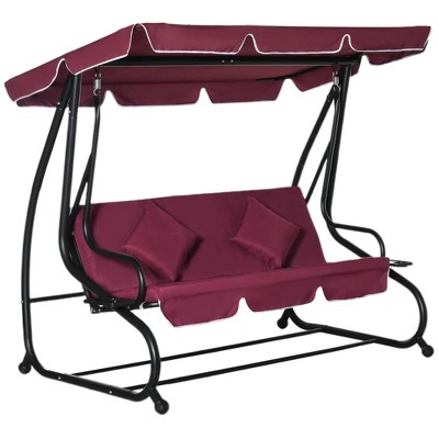 Resenkos 3-Seat Swing Chair, Convertible Flatbed Glider With Adjustable Canopy, Wine Red