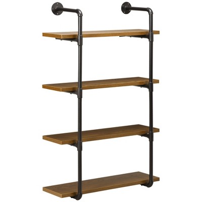 HOMCOM 4-Tier Industrial Pipe Shelves Floating Wall Mounted Bookshelf, Metal Frame Display Rack, 1" Thickness Shelving Unit Kitchen, Bar, Brown